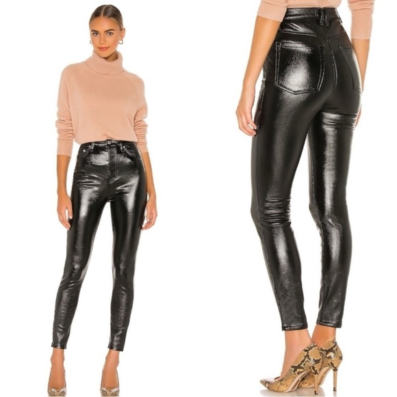 Free People Liquid Black Vinyl Jeans Size 31 Retro 70s Latex Shiny Goth Punk New - Picture 5 of 17